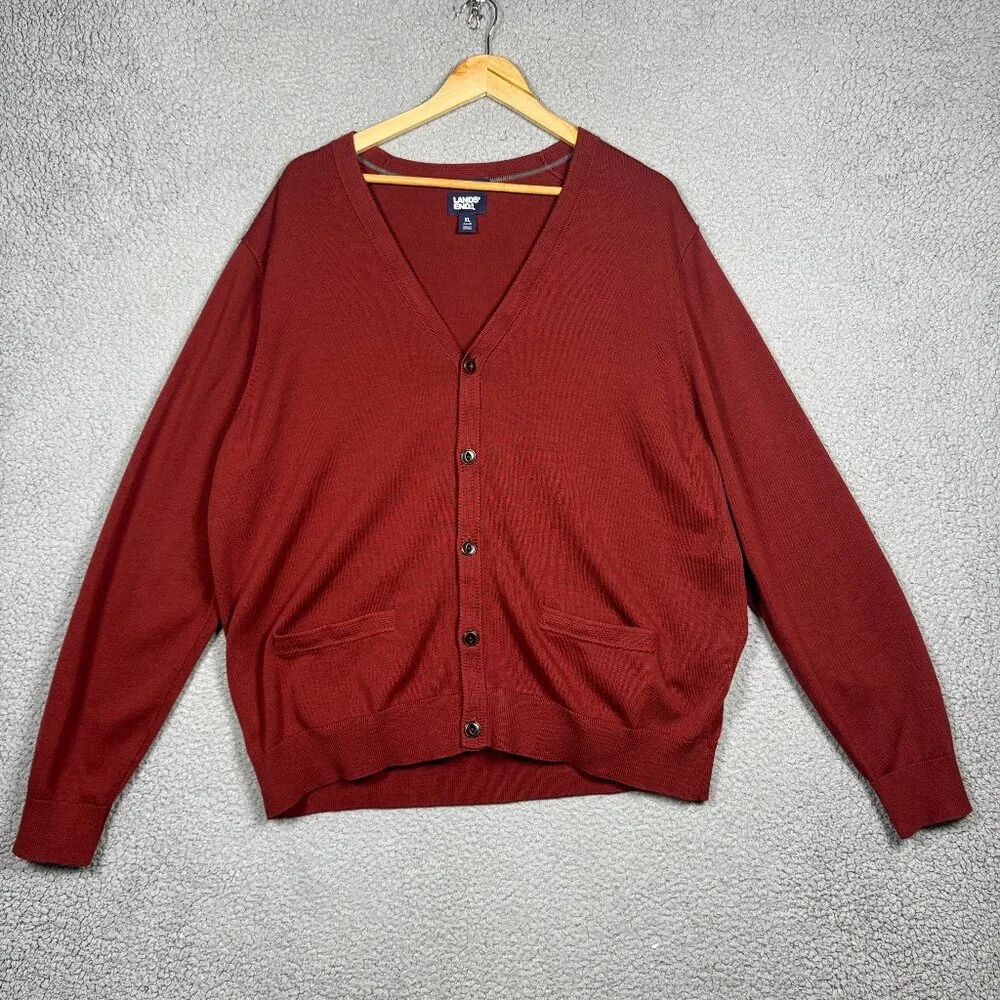 Lands End Cardigan Sweater Mens Size XL Red Orlon 100% Supima Cotton Tight Knit